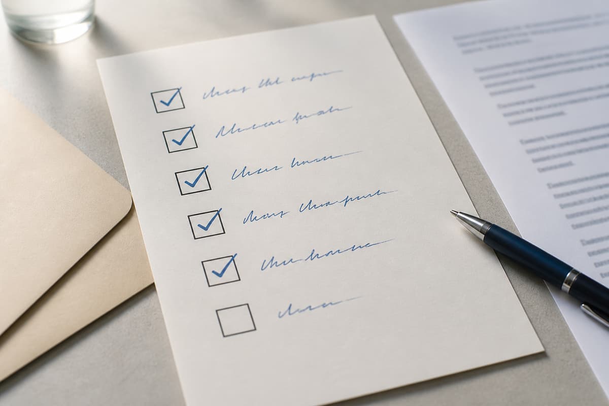 Checklist papier minimaliste avec plusieurs cases cochées au stylo, une case non cochée, un stylo posé à côté, une enveloppe et des feuilles de notes de discours.