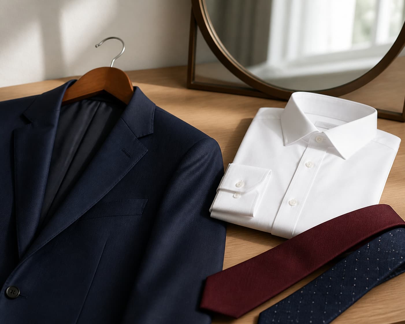 Veste de costume sur cintre, chemise blanche pliée, deux cravates disposées et miroir reflétant la lumière du jour, sur une surface en bois neutre.