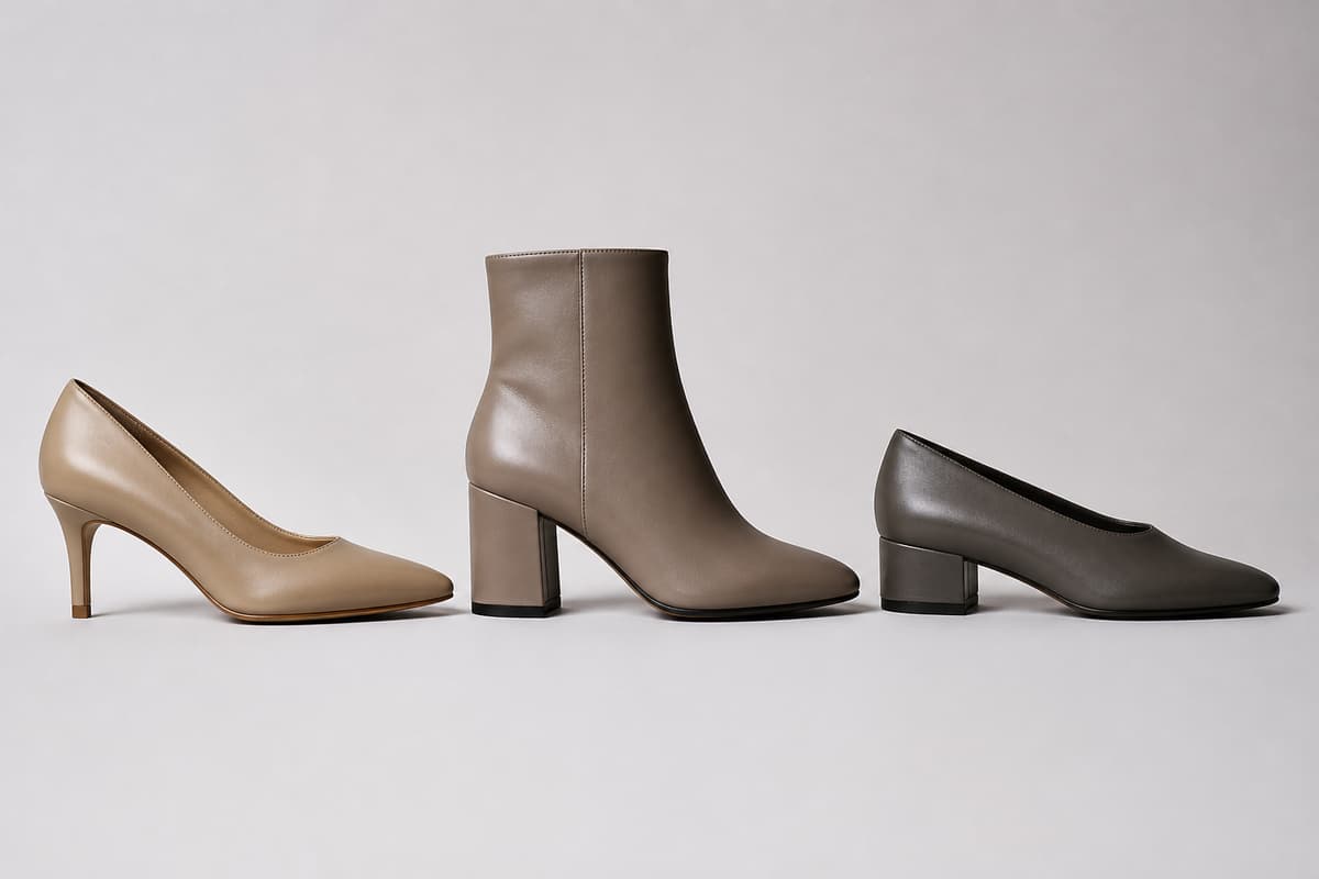 Trois paires de chaussures élégantes alignées sur fond neutre : un escarpin fermé, une botte à talon stable et une chaussure à bout carré.