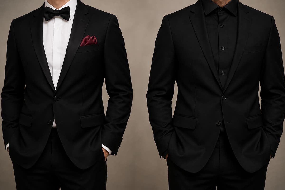 Deux hommes en costume noir : à gauche, tenue de cérémonie avec chemise claire et pochette de soie colorée ; à droite, costume strict sans accessoire.