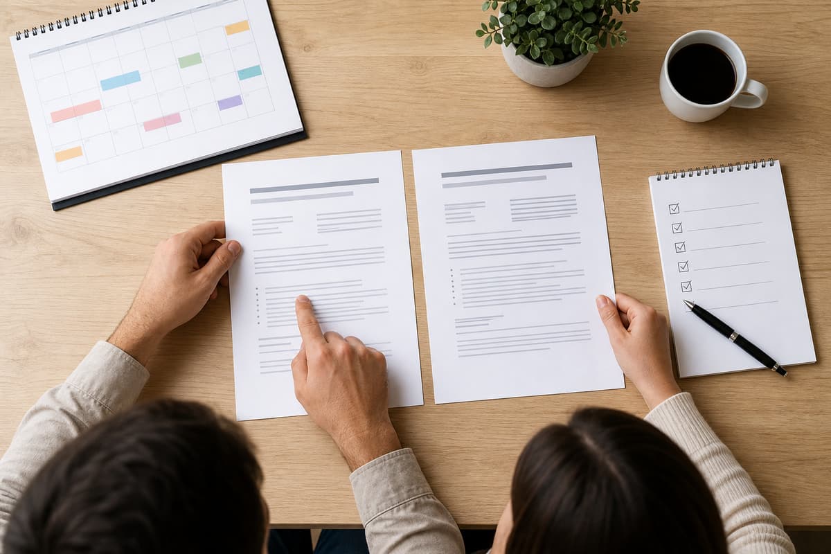 Vue de dessus de deux devis imprimés comparés par un couple, à côté d’une checklist avec des coches, d’un stylo et d’un calendrier de mariage.
