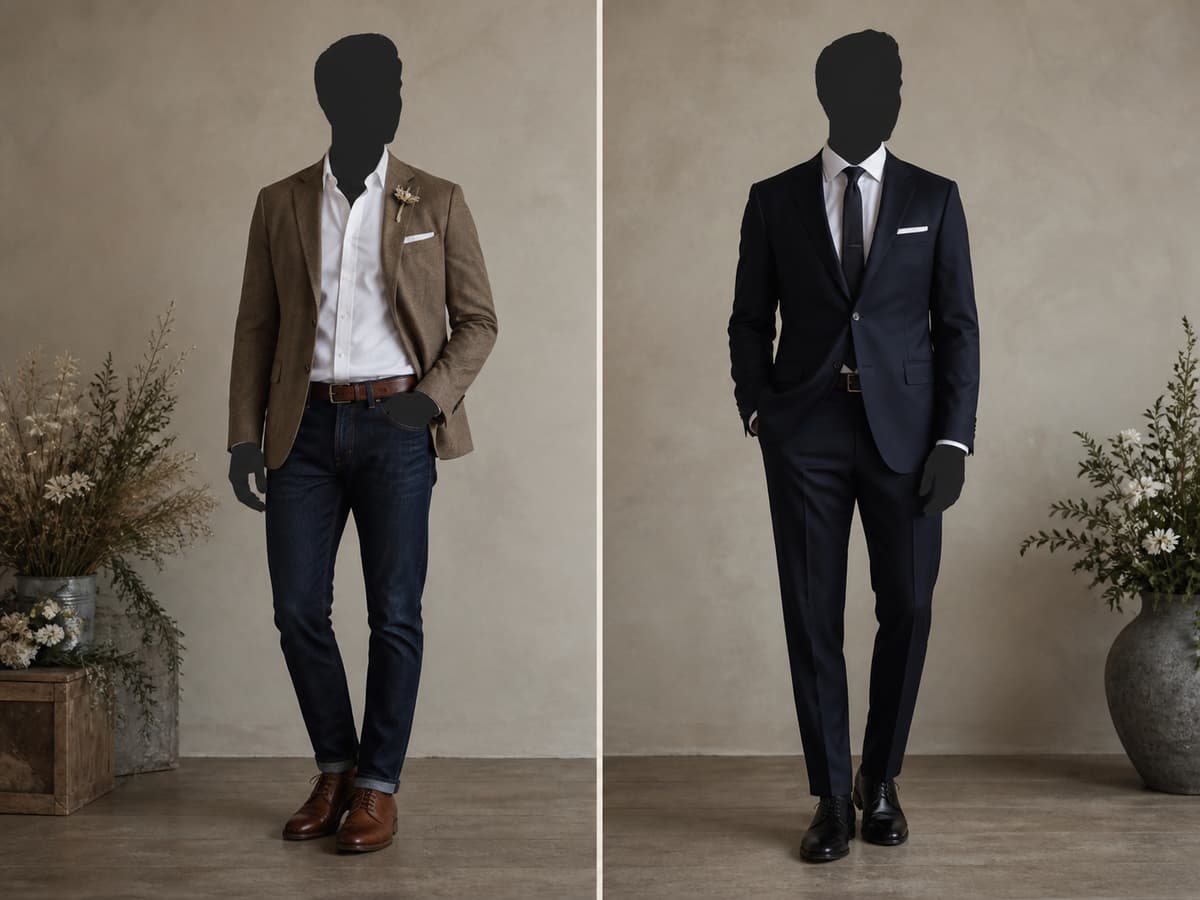 Deux silhouettes masculines côte à côte : à gauche, tenue décontractée chic avec jean et veste, à droite, costume formel sombre, illustrant le contraste de formalité.