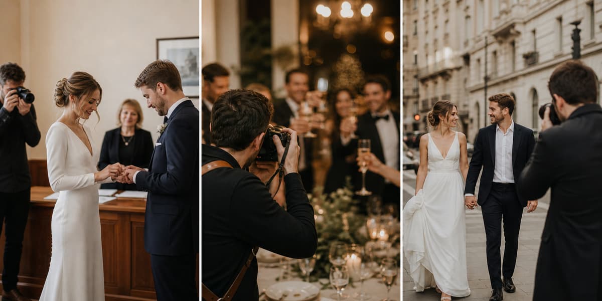 Trois photographies côte à côte montrant différentes prestations de photographe de mariage : une cérémonie courte, un reportage complet lors d’une réception et une séance de couple urbaine après le mariage.