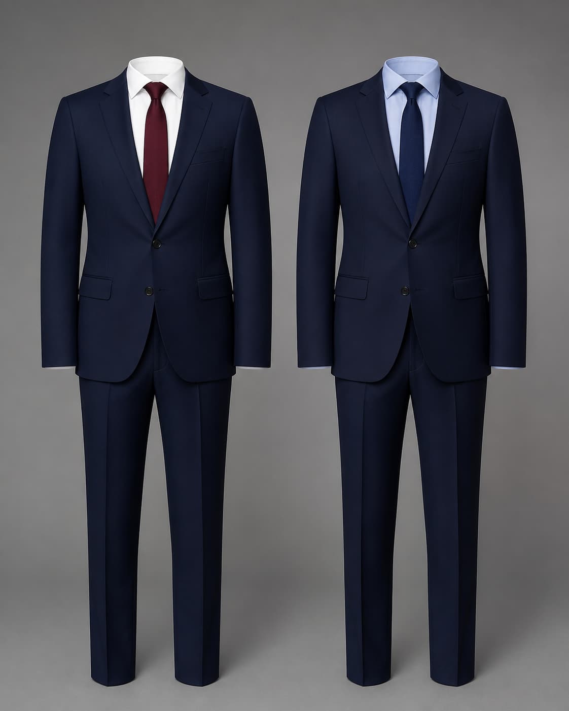 Deux tenues masculines côte à côte sur mannequins sans visage : à gauche un costume bleu marine avec chemise blanche et cravate bordeaux, à droite le même costume avec chemise bleu clair et cravate bleu marine, sur fond neutre.