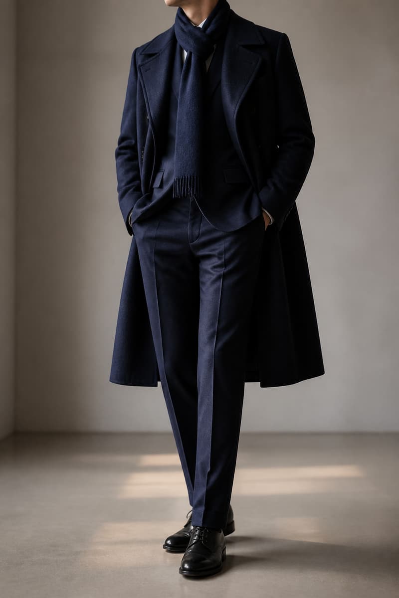 Homme en costume bleu nuit, manteau long, écharpe sobre et chaussures fermées, debout en attitude formelle.