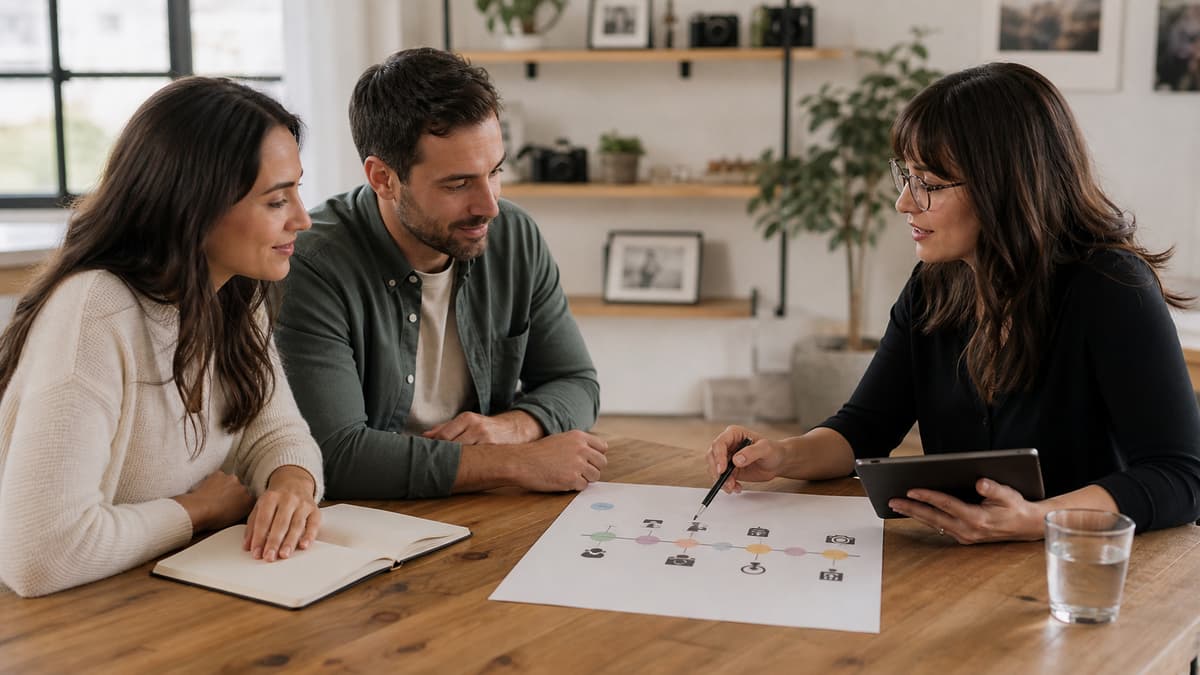 Un couple et un photographe professionnel discutent autour d’une table devant un planning de mariage simplifié avec des repères colorés non textuels.