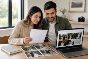 Un couple de futurs mariés assis à une table lumineuse consulte un devis papier et une galerie de photos de mariage sur un ordinateur portable, entouré de tirages photo et d’un appareil photo en arrière-plan.