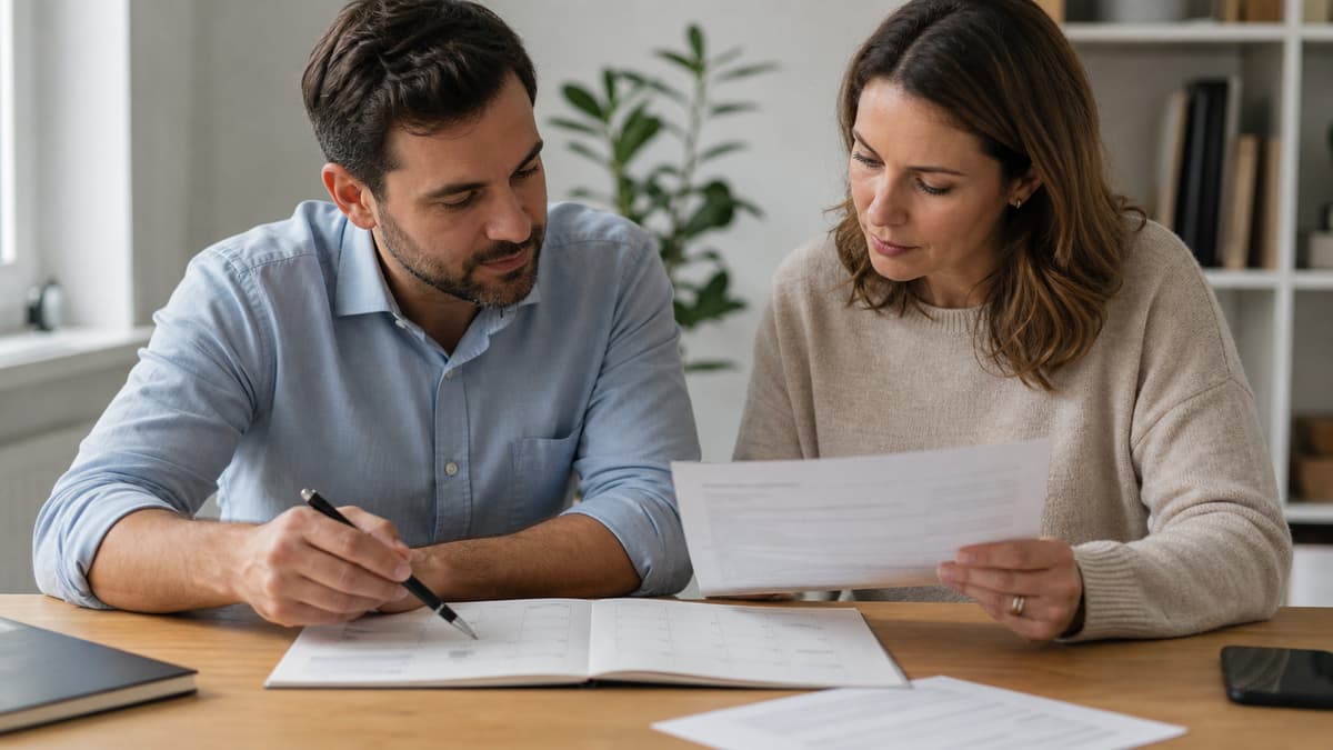 Un couple adulte prépare son mariage à une table sobre, avec un calendrier ouvert, un document administratif vierge et une alliance discrète posés devant eux.