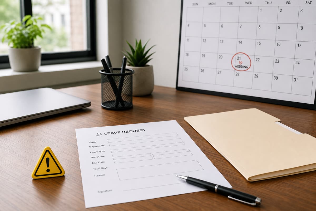 Bureau clair avec une demande d'absence incomplète, une chemise vide, un calendrier mural avec une date encerclée et un petit symbole d'alerte jaune discret.