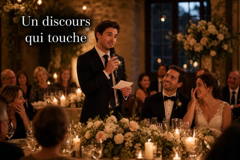 Un invité prononce un discours émouvant devant les mariés et des convives attentifs lors d'une réception de mariage, avec le texte superposé 'Un discours qui touche'.