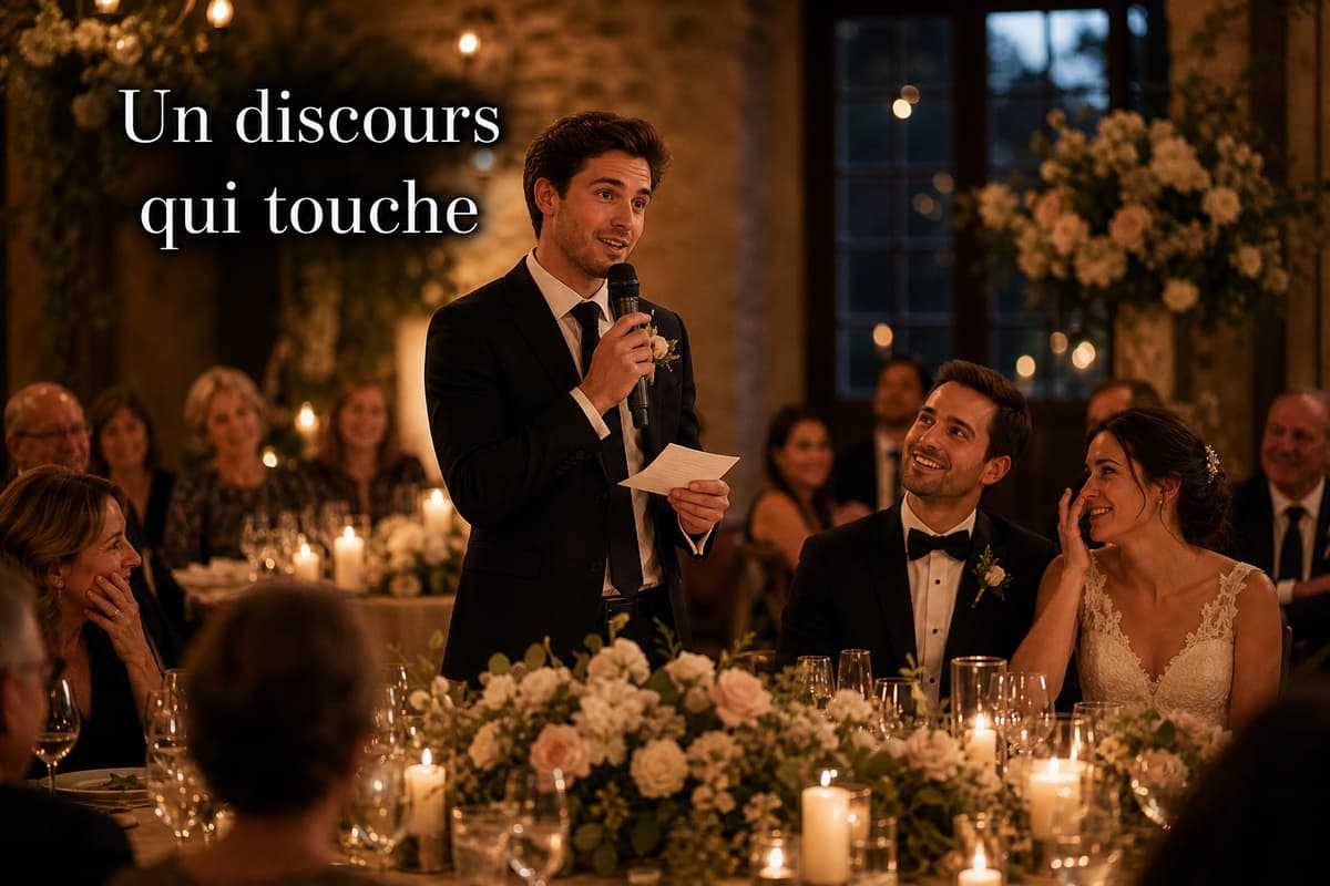 Un invité prononce un discours émouvant devant les mariés et des convives attentifs lors d'une réception de mariage, avec le texte superposé 'Un discours qui touche'.