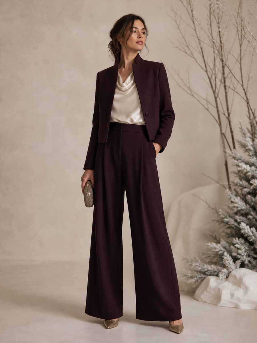 Femme portant un pantalon palazzo large en crêpe épais, une blouse satinée et une veste courte, debout dans une posture dynamique avec des chaussures fermées.