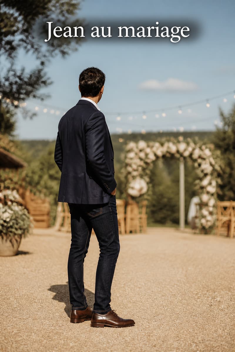Homme vêtu d’un jean bleu marine, d’une chemise blanche et d’un blazer, lors d’une réception de mariage champêtre, avec le texte « Jean au mariage » affiché.