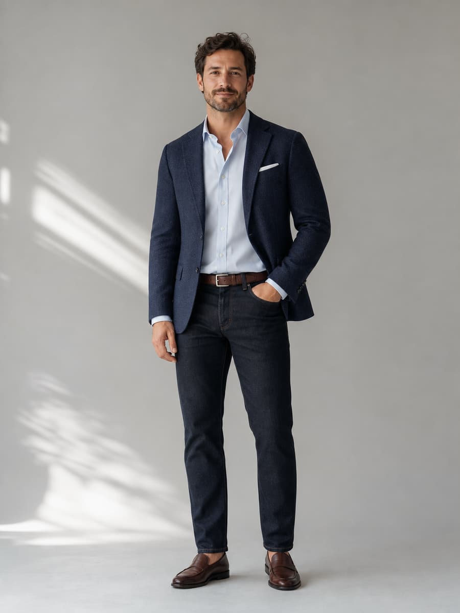 Homme debout en tenue de mariage décontractée chic avec jean sombre ajusté, chemise claire rentrée, blazer structuré et chaussures de ville élégantes, sur fond neutre.