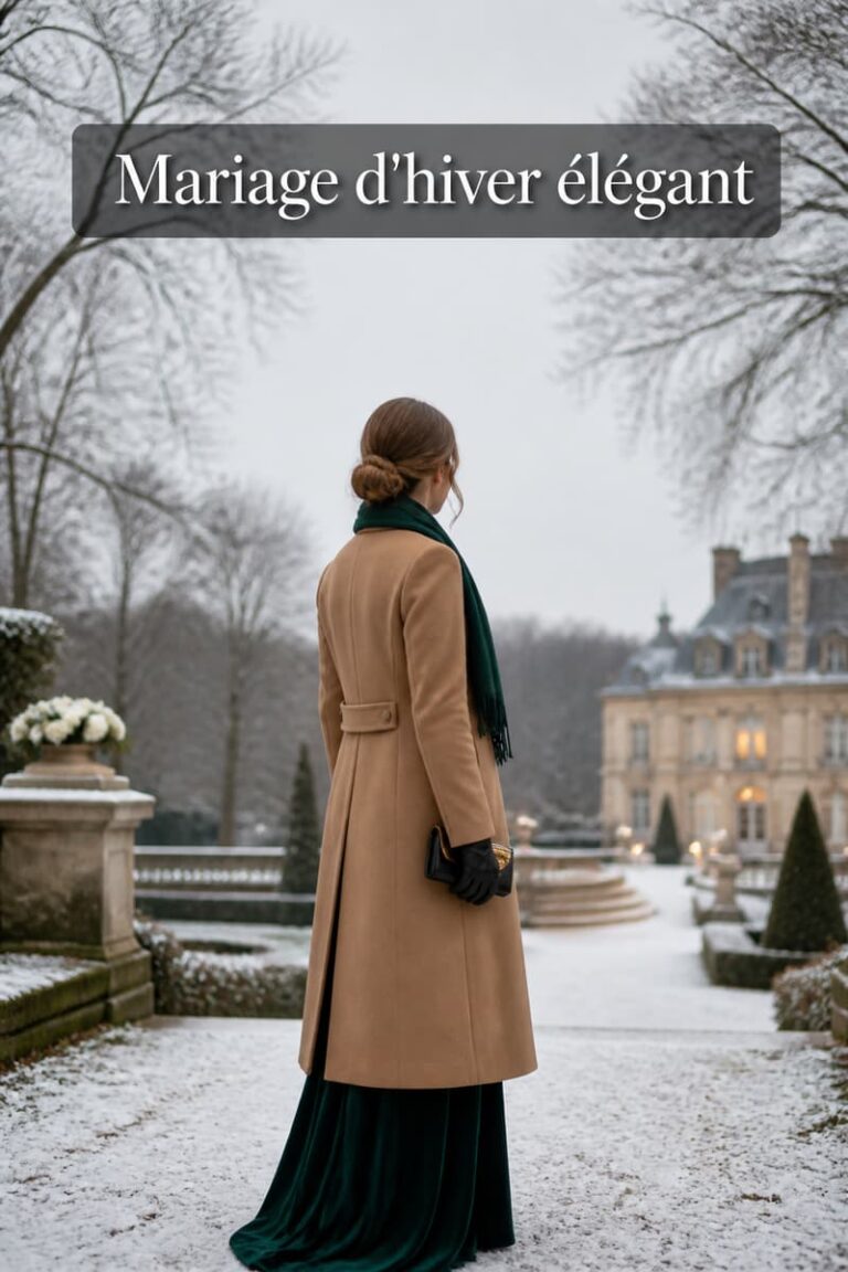 Invitée de mariage vue de dos en robe longue en velours et manteau structuré fermé, debout dans un jardin hivernal légèrement enneigé, avec le texte « Mariage d'hiver élégant » en superposition.
