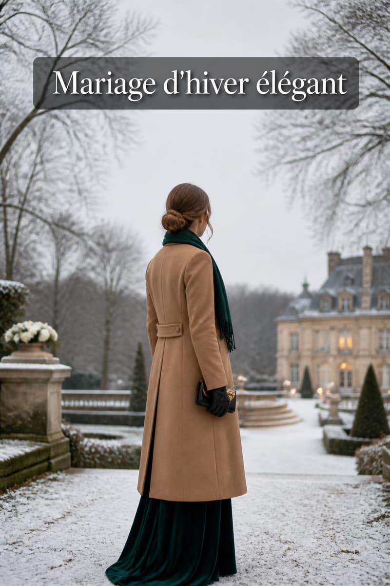 Invitée de mariage vue de dos en robe longue en velours et manteau structuré fermé, debout dans un jardin hivernal légèrement enneigé, avec le texte « Mariage d