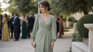 Invitée élégante portant une robe longue vert sauge lors d’une cérémonie de mariage en extérieur, avec des invités flous à l’arrière-plan.