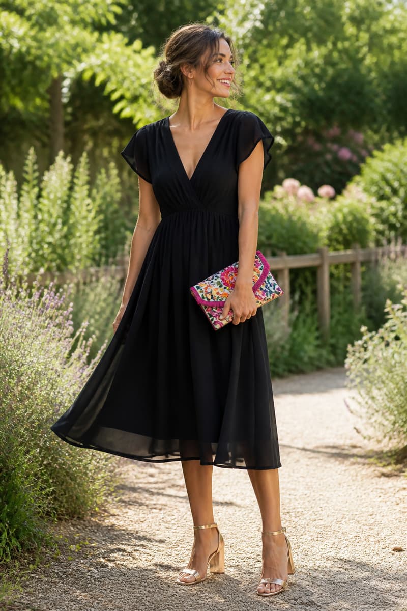 Femme portant une robe noire midi fluide avec des sandales métallisées et une pochette colorée dans un jardin ensoleillé.