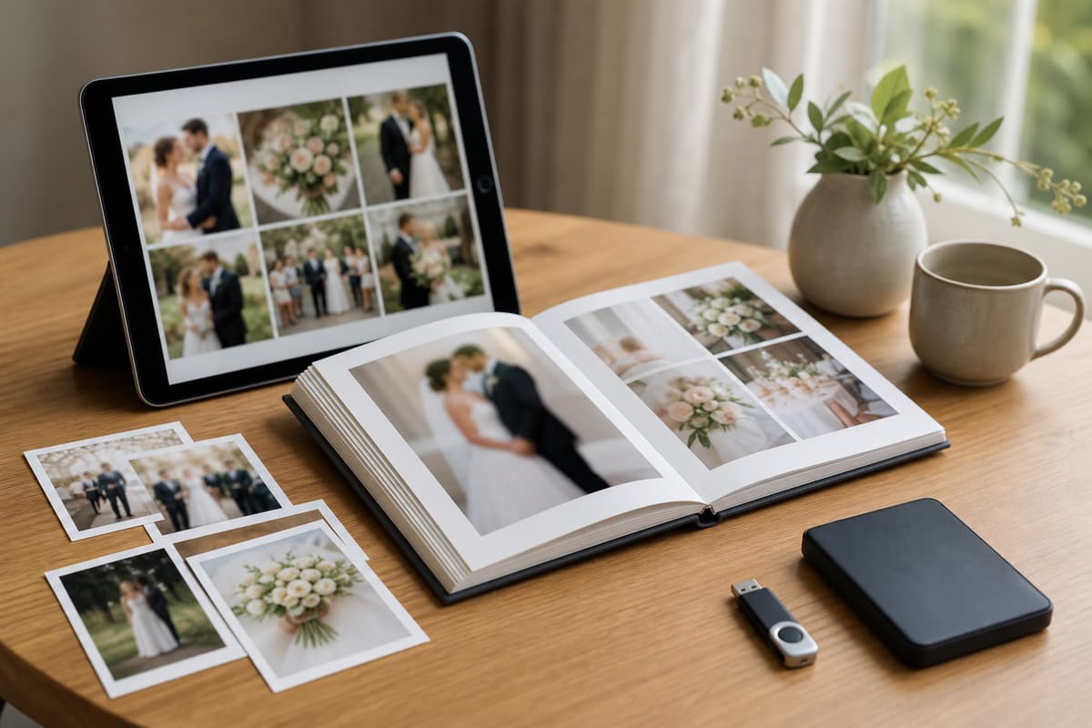 Tablette affichant une galerie de photos de mariage génériques, entourée d’un album ouvert, de tirages photo et d’un support de sauvegarde discret.