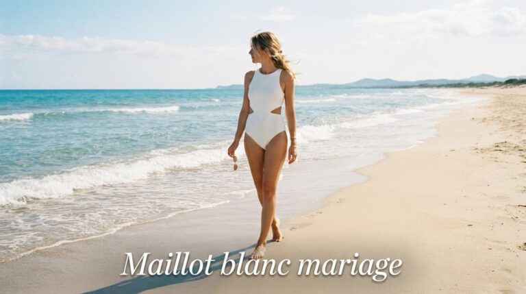 Femme en maillot de bain blanc sur une plage ensoleillée, le visage partiellement détourné, avec le texte superposé « Maillot blanc mariage ».