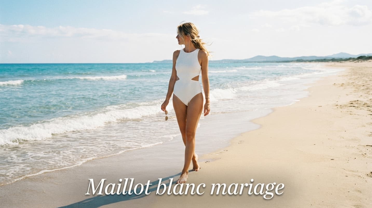 Femme en maillot de bain blanc sur une plage ensoleillée, le visage partiellement détourné, avec le texte superposé « Maillot blanc mariage ».
