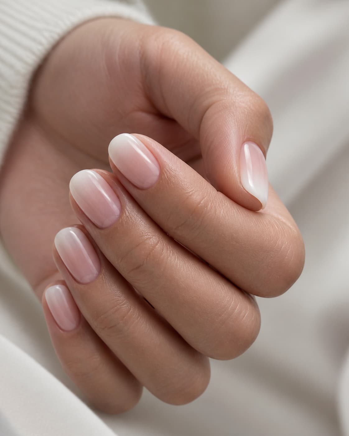 Gros plan sur une manucure baby-boomer aux ongles ovales courts, montrant un dégradé doux allant d