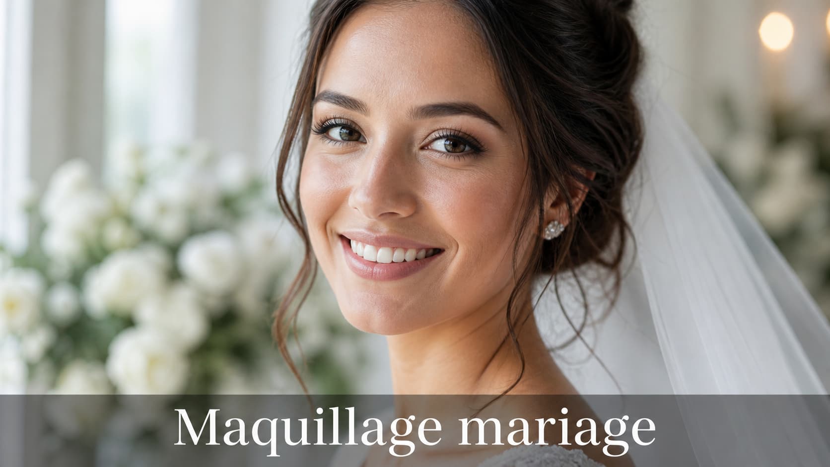 Portrait d’une femme souriante au maquillage frais et naturel, éclairée par une lumière douce, avec le texte