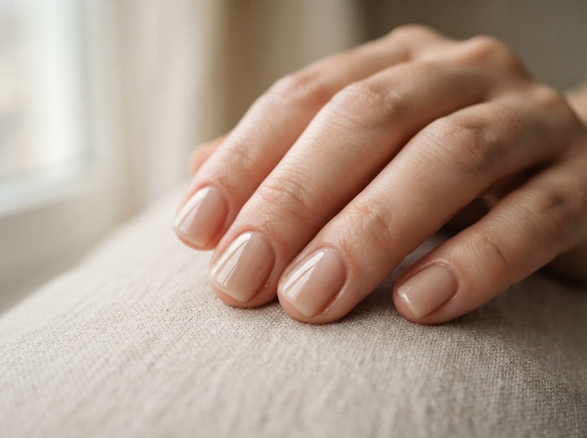 Gros plan sur des ongles courts portant un vernis nude translucide et brillant, avec des cuticules soignées, éclairés par une lumière naturelle latérale.