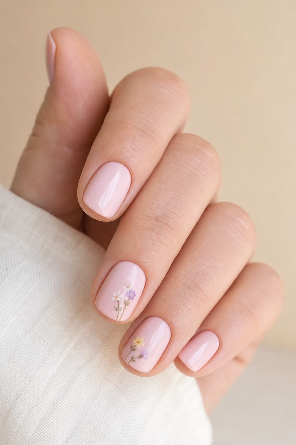 Main féminine aux ongles courts rose pâle, deux d