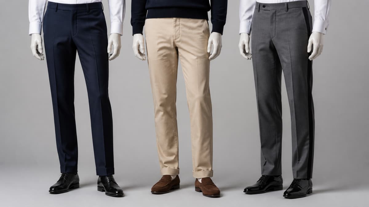 Trois silhouettes masculines sans visage, cadrées de la taille aux pieds, présentent côte à côte un pantalon de costume sombre, un chino beige sable et un pantalon de cérémonie gris anthracite sur un fond neutre.
