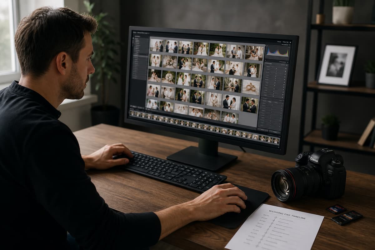 Un photographe de mariage travaille sur un ordinateur affichant des miniatures de photos, avec un appareil photo professionnel et des cartes mémoire posés à côté.