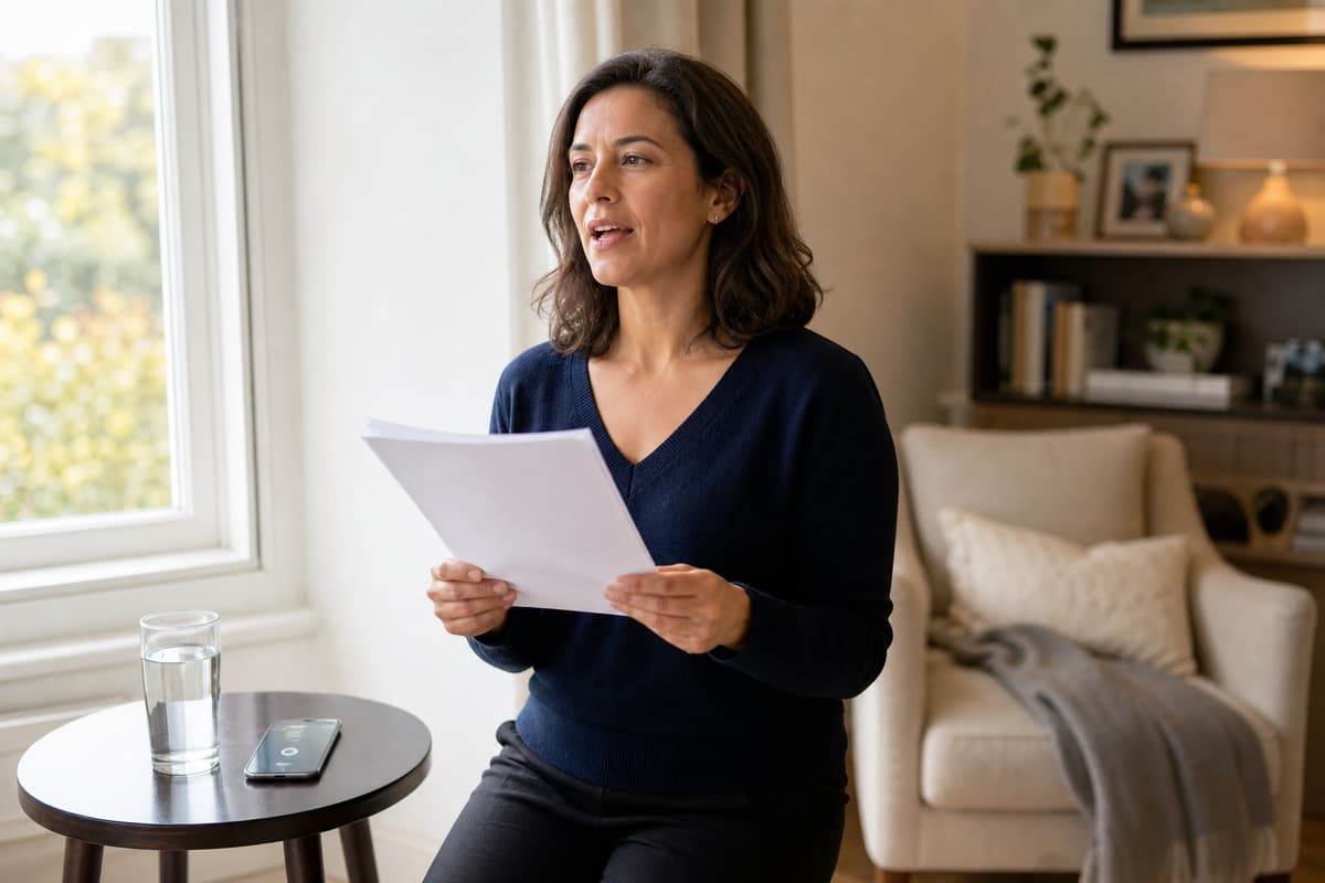 Personne répétant calmement un discours dans un salon lumineux, tenant des feuilles imprimées, avec un téléphone posé affichant un chronomètre sans chiffres lisibles et un verre d'eau à proximité.