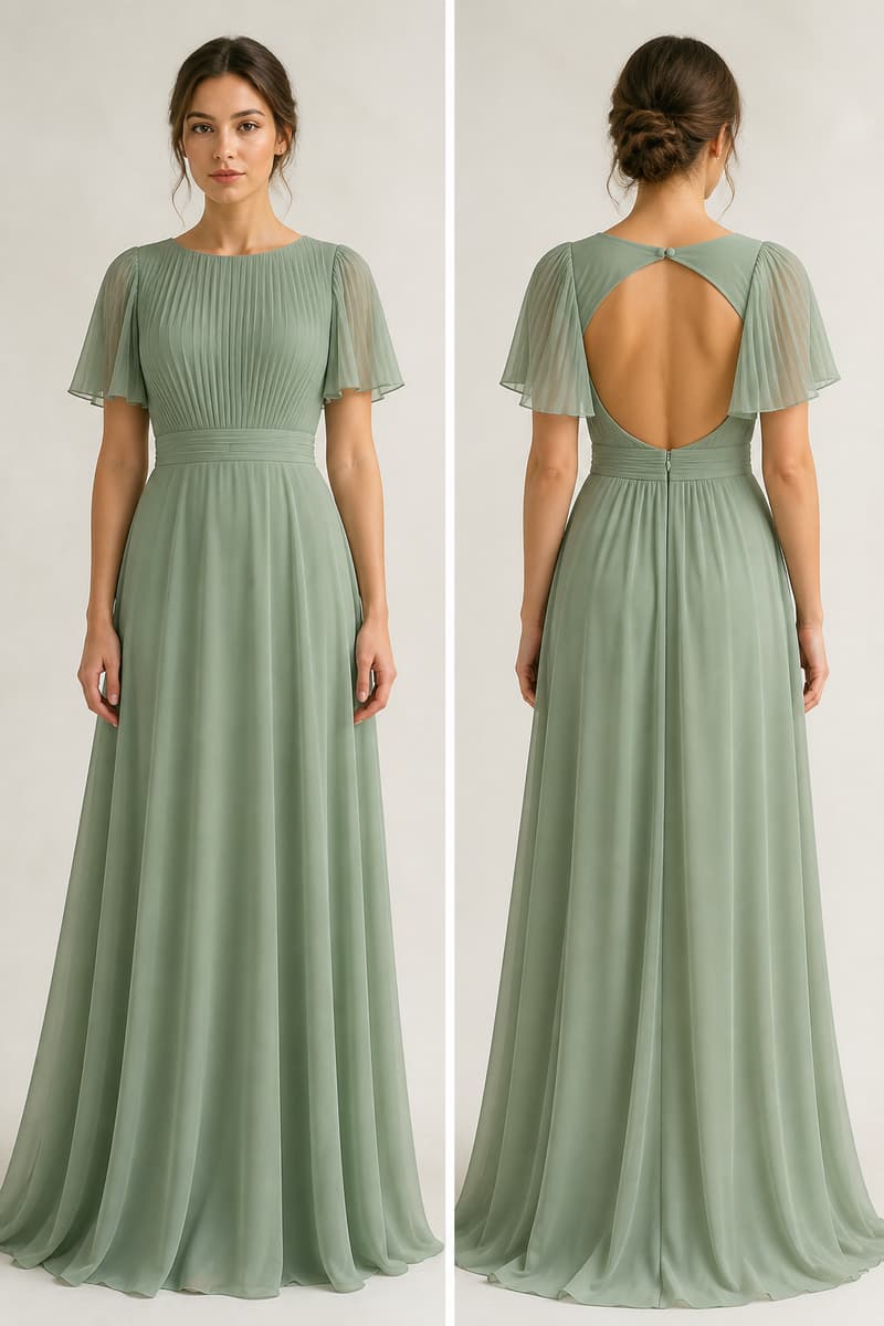 Robe de demoiselle d’honneur vert sauge en mousseline avec manches plissées, présentée de face et de dos sur fond neutre, laissant voir la découpe au dos.