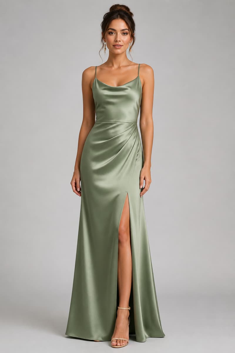 Robe longue vert sauge en satin, sans manches à fines bretelles, avec une fente latérale visible, portée par une femme en pied.