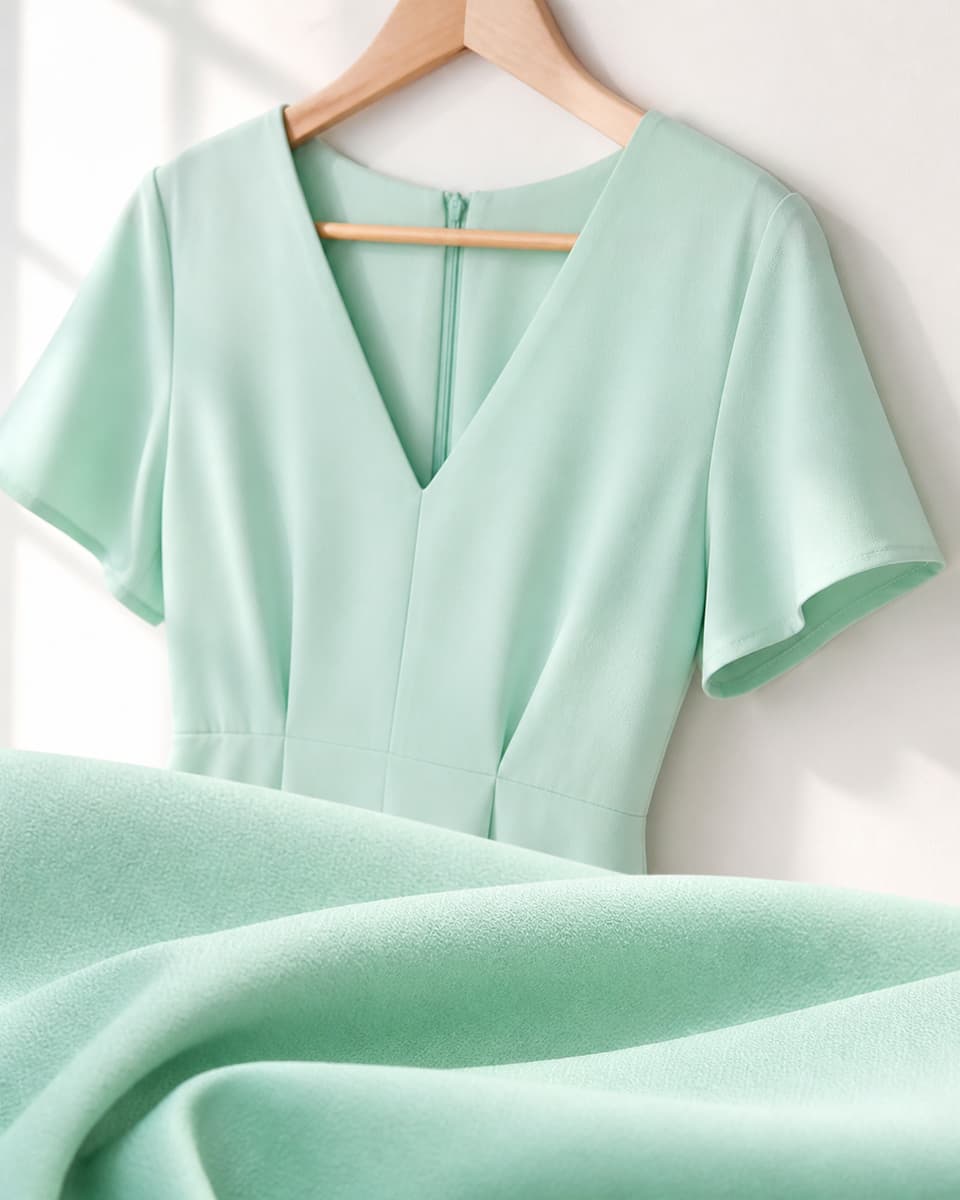 Robe menthe verte à col en V présentée en lumière naturelle, avec un gros plan sur la texture du tissu.