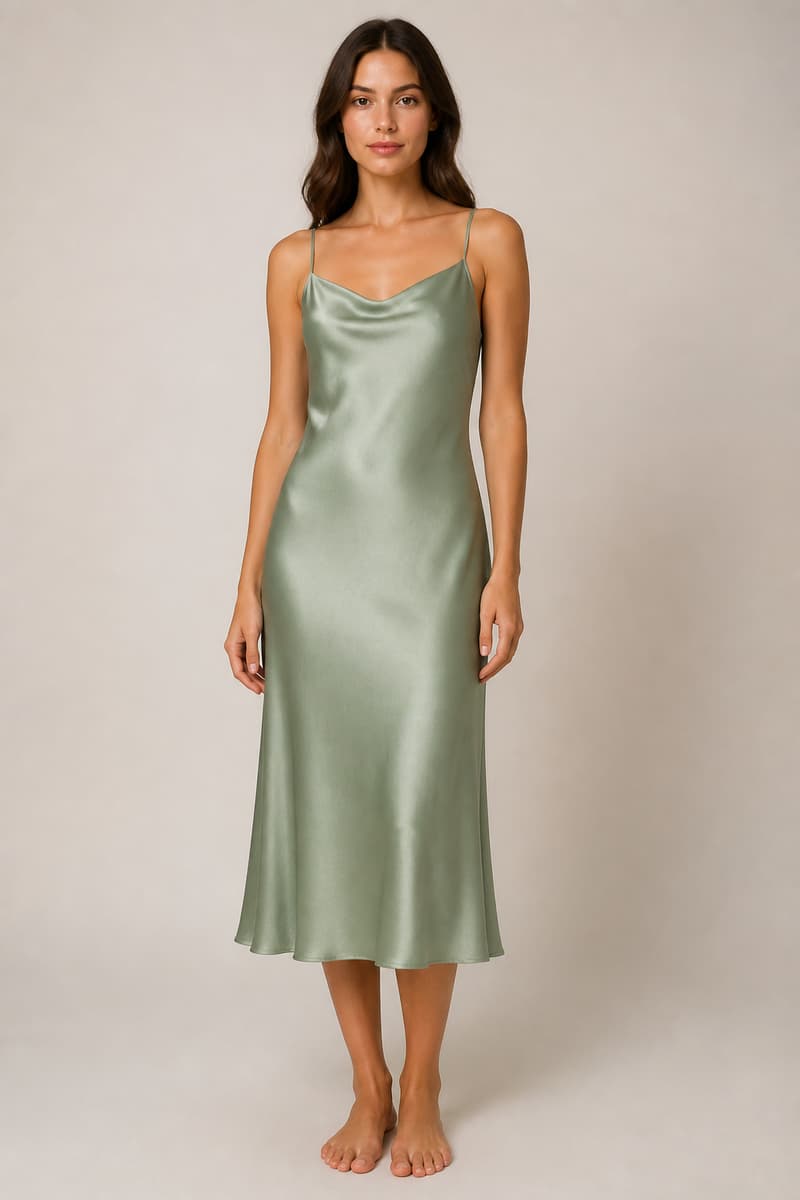 Robe midi vert sauge en satin fluide à fines bretelles, présentée de face sur fond neutre, avec l’ourlet visible sous le genou.
