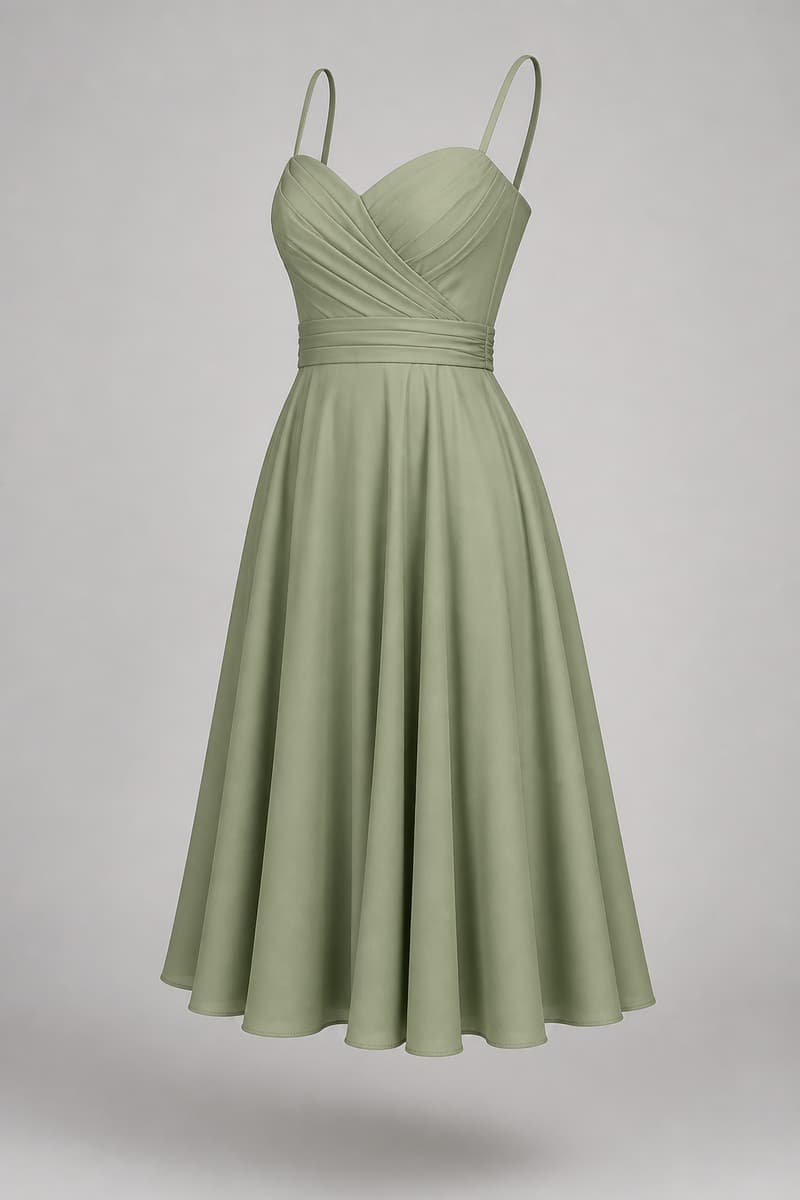 Robe midi vert sauge avec corsage ajusté et jupe ample, vue de face et de léger profil, sur fond neutre.