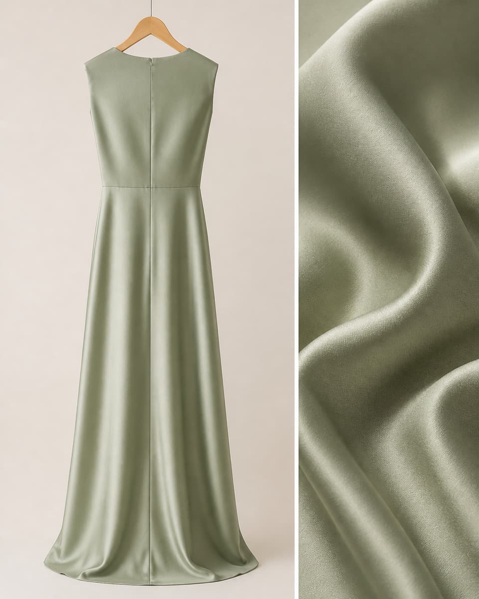 Robe vert sauge en satin suspendue à un cintre en bois, vue de dos, avec un encart en gros plan sur la matière satinée et ses reflets doux.