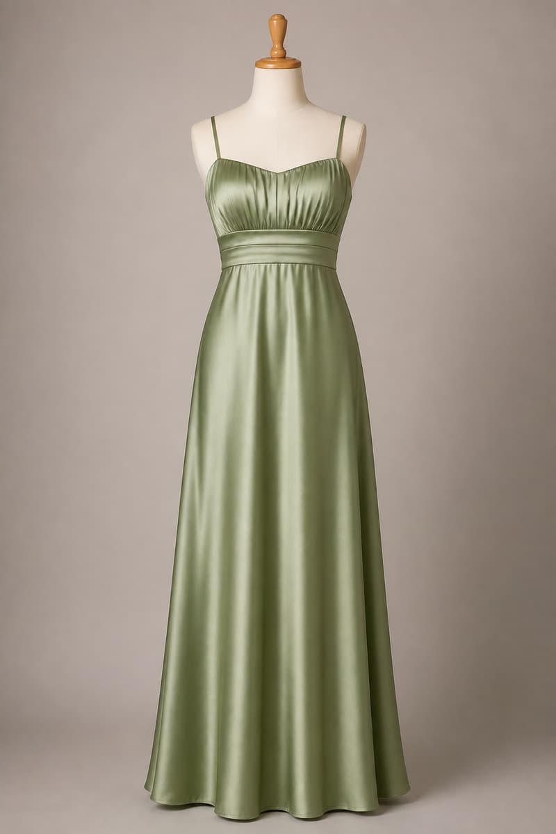 Robe longue en satin vert sauge à fines bretelles et taille empire, portée par un mannequin, vue de face en pied dans un studio neutre.