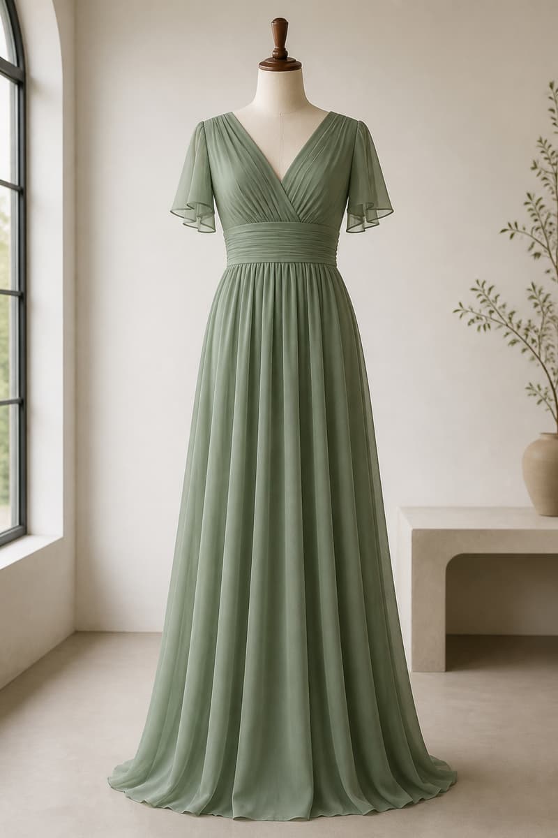 Robe vert sauge en pied sur mannequin, présentée dans un intérieur de boutique sobre.