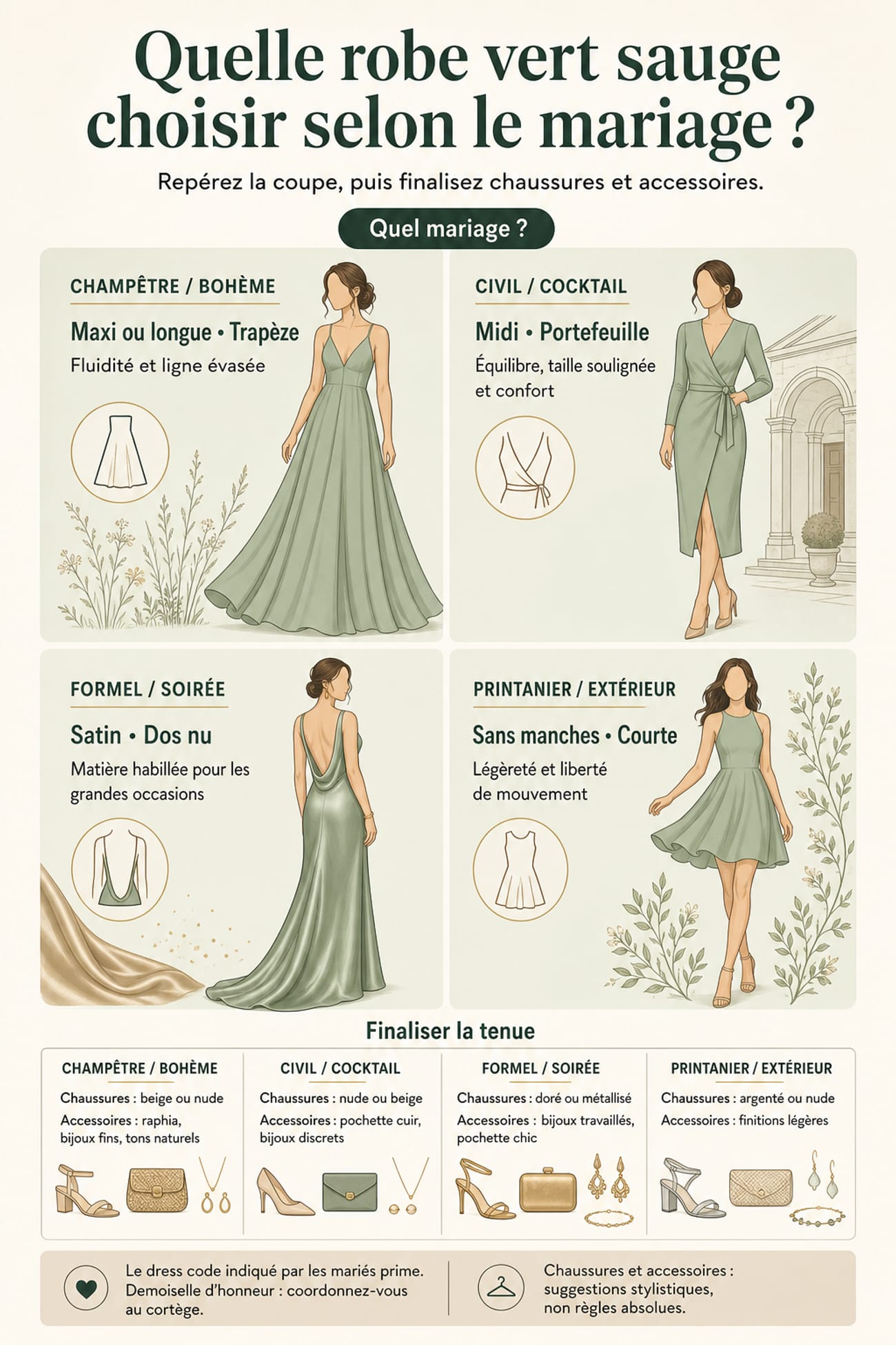 Infographie robe invitée mariage verte sauge