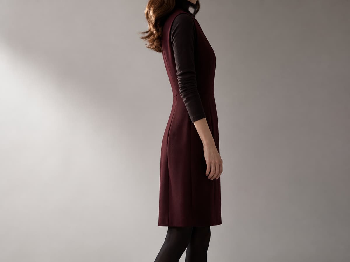 Silhouette féminine de profil portant une robe habillée sur un sous-pull fin en cachemire et des collants opaques, dans un décor neutre.