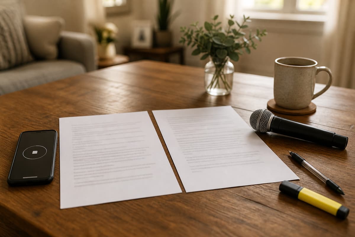 Deux copies papier d'un discours au texte flouté, un téléphone affichant un chronomètre, un stylo, un surligneur et un petit micro posés sur une table en bois.
