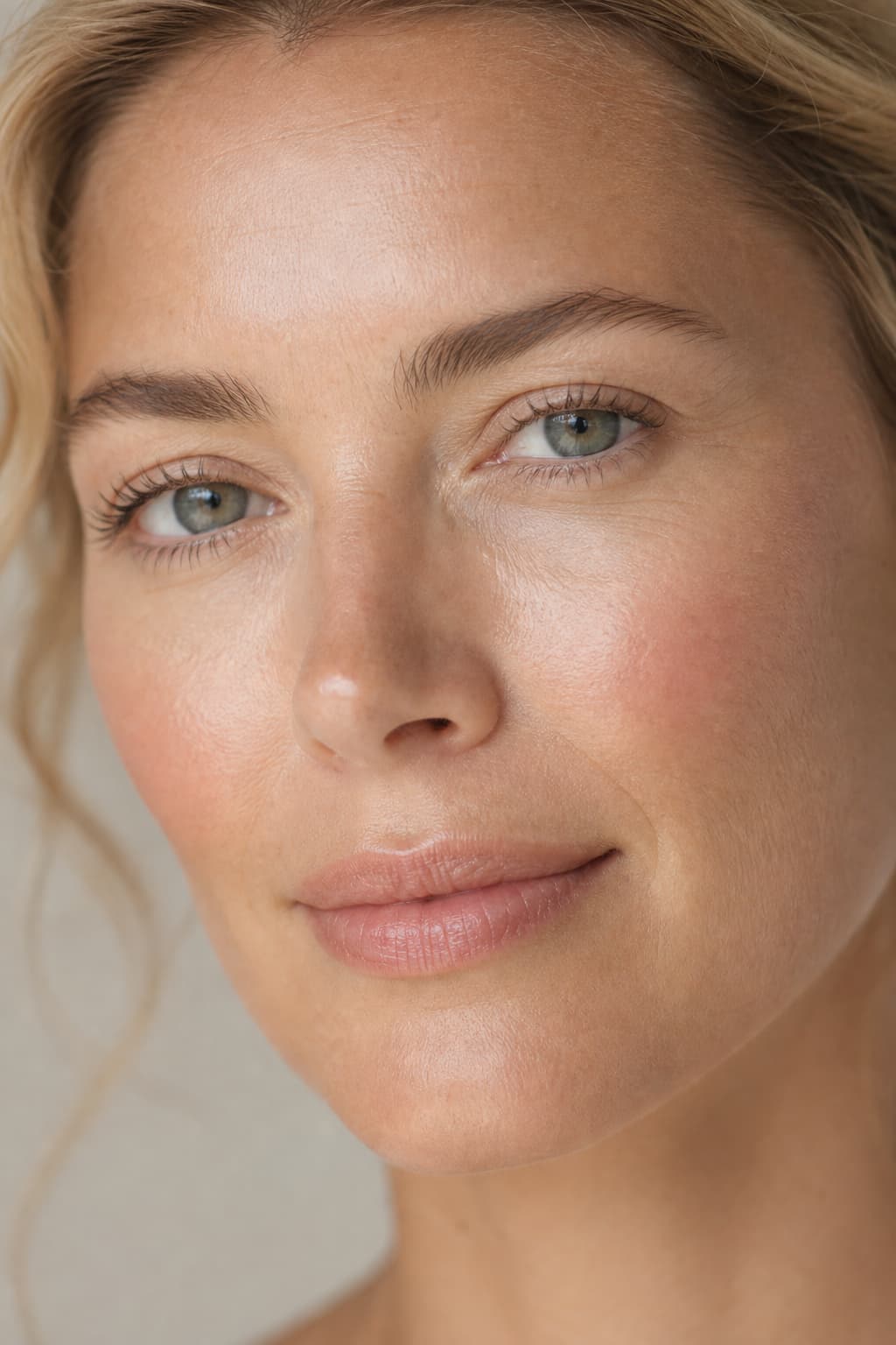 Gros plan d’un visage de femme en lumière naturelle affichant une peau unifiée et texturée, un léger blush, des sourcils naturels et des lèvres hydratées.