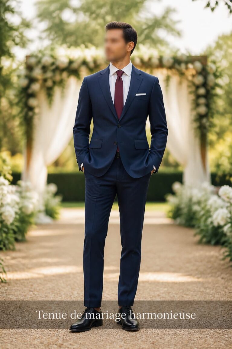 Homme en pied dans un costume bleu marine, chemise blanche et cravate bordeaux, debout dans un cadre lumineux de cérémonie de mariage.