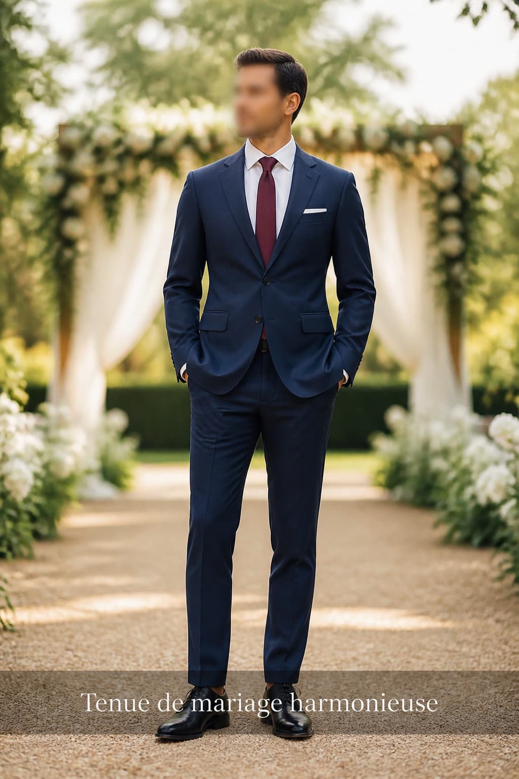 Homme en pied dans un costume bleu marine, chemise blanche et cravate bordeaux, debout dans un cadre lumineux de cérémonie de mariage.