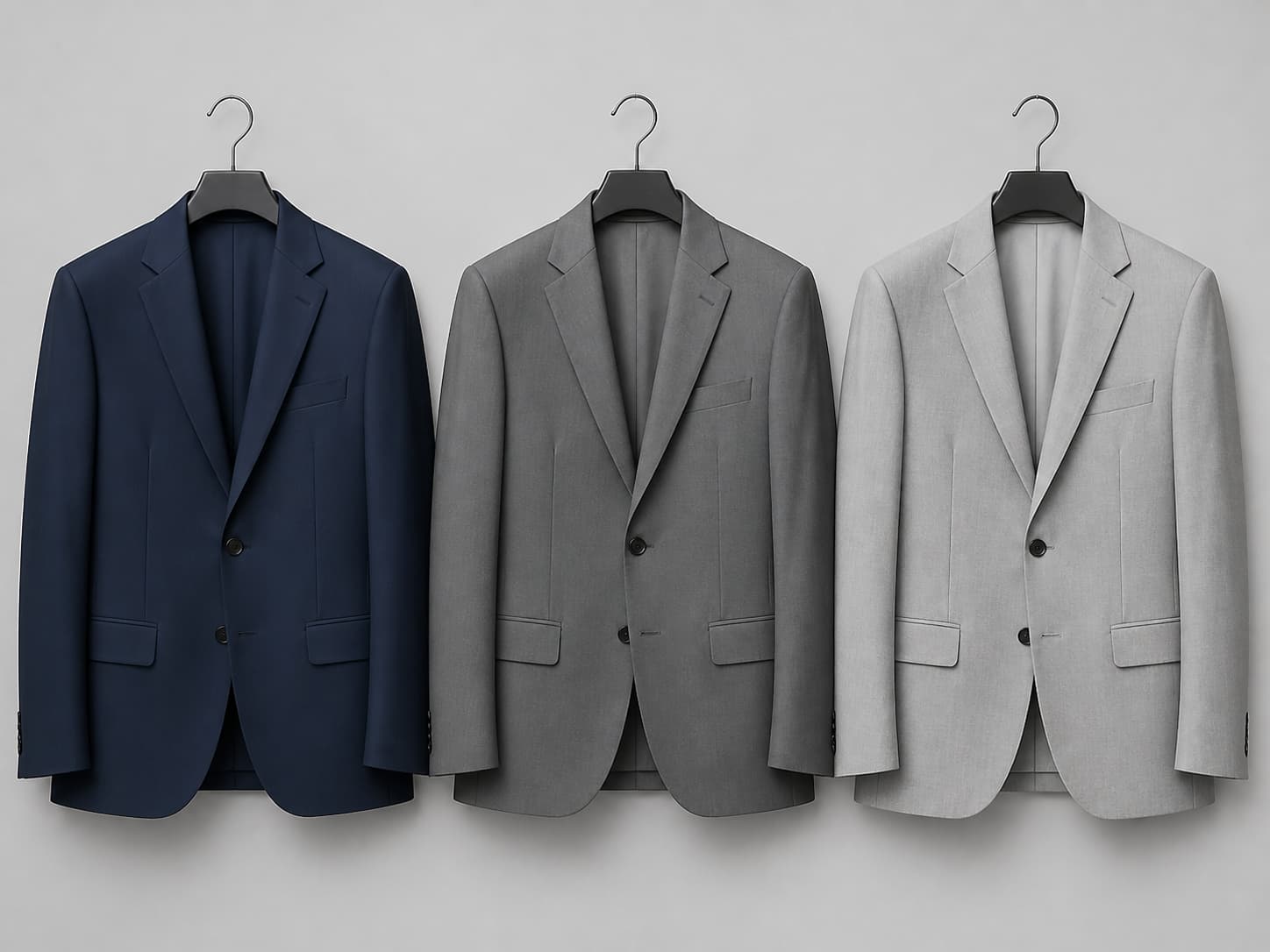 Trois vestes de costume alignées sur un fond neutre : une bleu marine, une gris moyen et une gris clair.