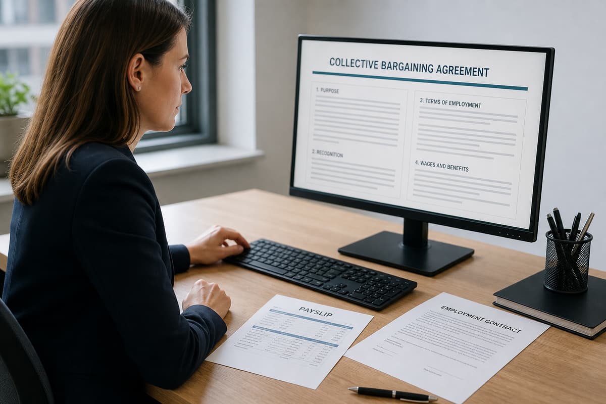 Salariée consultant un document sur ordinateur avec un bulletin de paie et un contrat de travail posés sur un bureau.