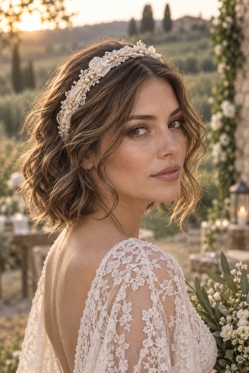 Portrait de trois quarts d’une femme aux cheveux mi-longs ondulés coiffés d’un headband chic, dans un décor champêtre.