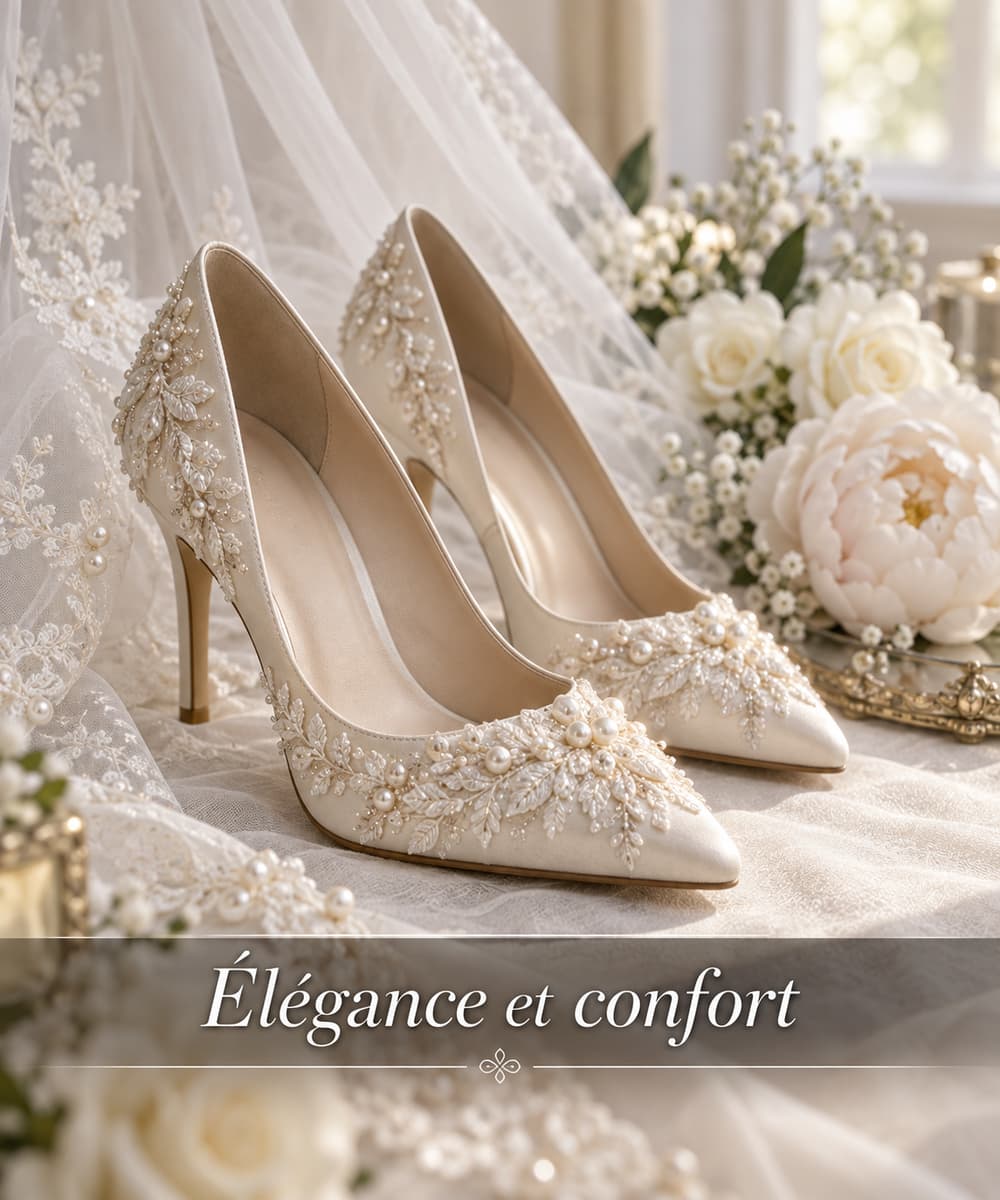 Paire de chaussures de mariage élégantes posées sur un fond doux avec un voile et des fleurs blanches en arrière-plan, surmontées du texte « Élégance et confort ».